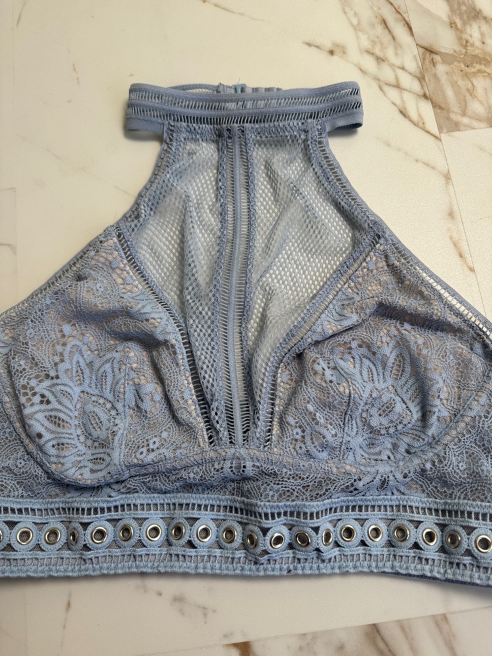 Victorias Secret High Neck Halter Top Baby Blue Sz M-L Festival Mesh Lace Eyelet - Picture 2 of 9